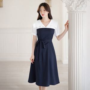 (~XXL까지) 제미온 와이드플랫카라 배색 플레어 원피스(기장선택) 여름 하객룩 모임룩 격식룩 빅사이즈