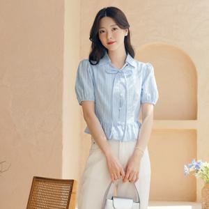 (~XXL까지) 리메오 리본끈 셔링 페플럼 코튼 블라우스 여름 데일리 일상 캐쥬얼 출근룩 베이직 빅사이즈