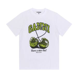 GANNI T4291 151 그린 체리 로고 프린트 여성 반팔티
