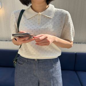 헤지스 여성 HSSW5B106IV 강연 조직감 면 반팔 카라 풀오버 아이보리