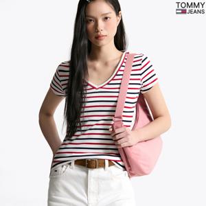 타미진 여성 슬림핏 TOMMY 심플 브이넥 반팔 립티셔츠 T32F6TTO07TWT1-B