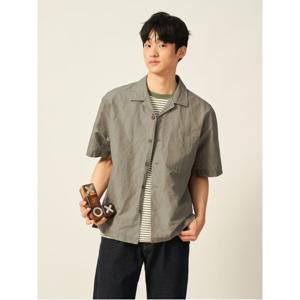 리넨 혼방 솔리드 오픈카라 반소매 셔츠  베이지 (BC5465C28A)