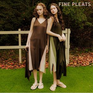 [FINE PLEATS] 피네 플리츠 세로 배색 원피스 올리브