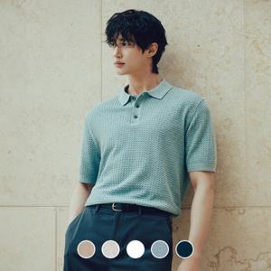 남성 여름 립 스판 케이블 꽈배기 폴로넥 반팔 카라 니트 스웨터 055532