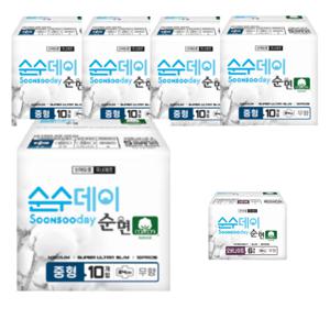 순면코튼 순수데이  중형 10매x5팩+증정 오버나이트 6매x1팩 생리대 순면 저자극 안전한 날개형 슬림