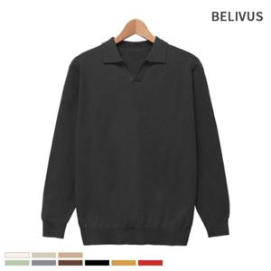 빌리버스 남자 니트 오픈 카라 긴팔 무지 티셔츠 BRE010