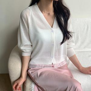 샵앤) 여성 V넥 밑단 레이스 여름 시스루 나그랑 긴팔 가디건 21DS-WCD-4444-화이트