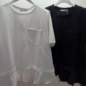 Latium HC06 엉덩이길이 밑단 이중셔츠배색 깔끔한 포켓 라운드 반팔 티블라우스 T2523ts25