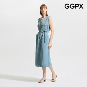 [GGPX] V넥 허리끈 민소매 데님 원피스 (GP5OP058F)