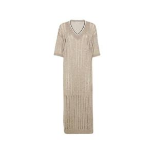 BRUNELLO CUCINELLI 모닐리 디테일 브이넥 린넨 롱 원피스 1945638
