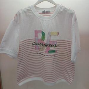 Latium HC06 스판 루즈핏 셔츠 배색 5부 비이 단가라 스트라이프 데일리 라운드 반팔 티 T2523ts23P