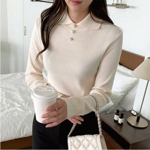 [샵앤]진주 단추 카라 티셔츠 BDR-WKN-2113-블랙