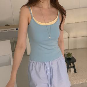 [올리비에스클로젯] 레이어드 배색 끈 나시 티셔츠_O2506TS109B