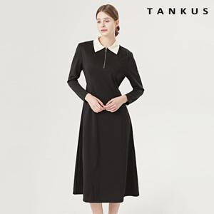 [탱커스]카라 배색 핀턱 백 리본 슬림 롱 원피스 (TW1OP008L0)