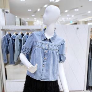 [밸리걸] 스모킹 퍼프소매 데님 블라우스 225530