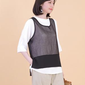 애비뉴투지 엄마옷 투톤 망사 쉬폰 여름 숏 라운드 조끼 V08330