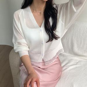 샵앤) 여성 V넥 밑단 레이스 여름 시스루 나그랑 긴팔 가디건 21DS-WCD-4444-블랙