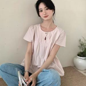 샵앤) 여성 원버튼 플리츠 여름 셔링 반팔 면100 블라우스 21DS-WBL-4454-핑크
