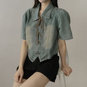 [라이니]아일렛 데님 카라 반팔 블라우스 to-2534c