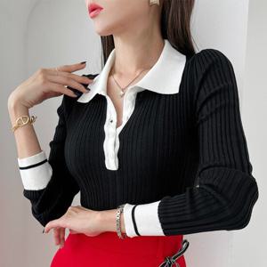[금찌] 리카 카라 배색 골지 니트티 ST6886T