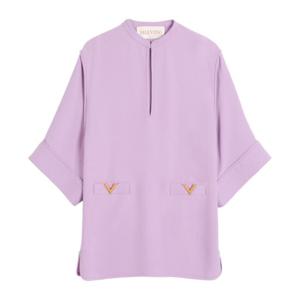 발렌티노 라일락 퍼플 실크 캐디 텍스처 스플릿 넥 탑 BVAEW1 1