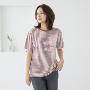 엄마옷 마담4060 스트라이프플라워반팔티셔츠 반팔라운드 -ZD000151-