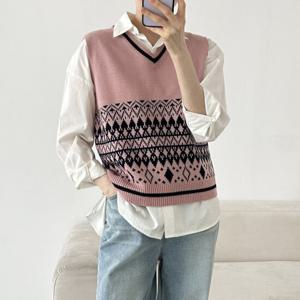 라인아가일 국산 여성 V넥 니트조끼 21DS-WVS-3134-오트밀