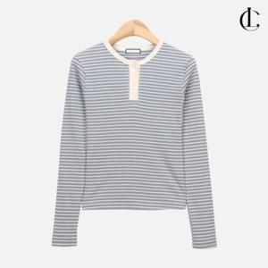 엘케이트 여성 단가라 긴팔티 스판 잔골지 줄무늬 헨리넥 티셔츠 LCR109
