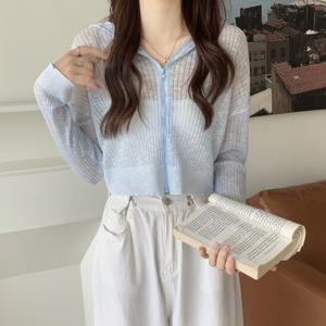 샵앤) 여성 레이어드 크롭 시스루 집업 후드 가디건 CHA-WCD-20364-스카이블루