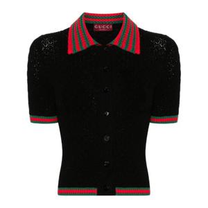 구찌 Black Web Stripe Crochet Knit Polo Shirt 792042XKD3C TP719828110