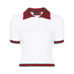 구찌 White Web Trim Crochet Knit Polo Top 782324XKD3C TP719828108