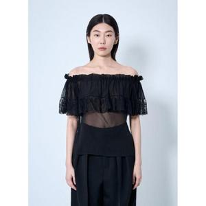 25 SS 생로랑 여성 실크 크레이프 모슬린   레이스 블라우스  sla0259021blk