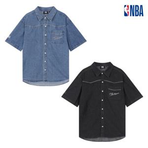 NBA N252SH141P 공용 오버핏 스트릿 GSW 데님 반팔 셔츠 STG