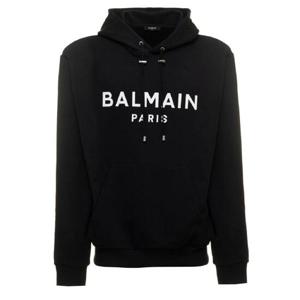 BALMAIN 대조적인 로고 프린트가 있는 코튼 맨 블랙 후디 DH1JR002BB65EAB