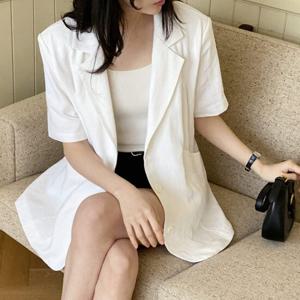 샵앤) 국산 여성 정장 카라넥 린넨 100 반팔 하프 자켓 SML-WJK-4438-화이트