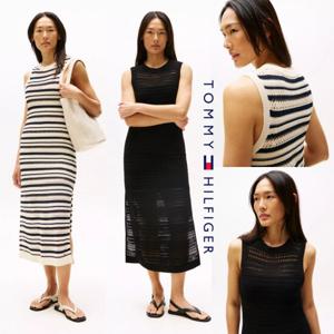 타미힐피거 WW45649-BDS 여자 오픈 크로셰 스티치 민소매 미디 원피스 드레스