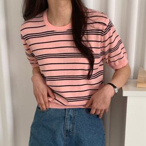 샵앤) 국산 여성 라운드넥 단가라 면사 100 반팔 니트 티셔츠 21DS-WKN-4386-핑크
