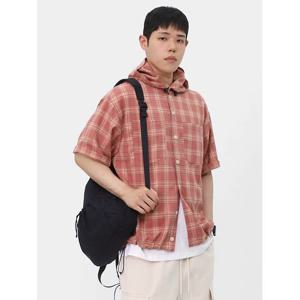 [빌리버스] 남성 체크셔츠 후드 스트링 반소매 캐주얼 셔츠 BRIM004