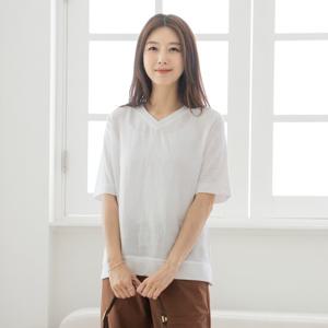 엄마옷 마담4060 브이넥 내추럴 린넨 폴인마티셔츠-ZTE2506040-