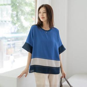 엄마옷 마담4060 반팔 라운드 루즈핏 삼단배색 베토자수스티치블라우스-ZBL2506047-