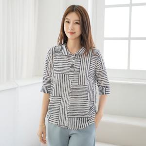 엄마옷 마담4060 빅단추 스트라이프 패턴 쿨링 반오픈 라브작대기셔츠-ZBL2506049-