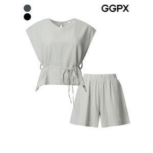 [GGPX]V넥 언발 리본 블라우스 앤 숏 팬츠 셋업 (GP6ST013B)