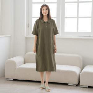 엄마옷 마담4060 셔츠 반팔 쿨소재 베이코린넨 옆트임 롱원피스-ZOP2506018-