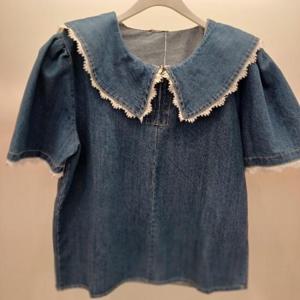 Latium HC06 데님 세라레이스배색 카라 앞반집업 여름 청셔츠블라우스 T2523bl44