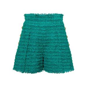 BALMAIN 핀치와 프린지 밑단이 있는 그린 쇼츠 하이 웨이스트 트위드 여성 AF1PA089XE367CG