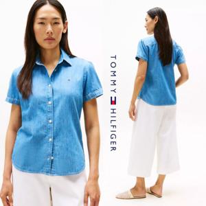 타미힐피거 TOMMY HILFIGER XW05447-8KB 여자 퍼프 슬리브 샴브레이 반팔 셔츠
