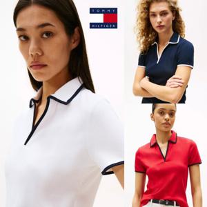 타미힐피거 XW04970-XLG 여자 팁드 스플릿 플래킷 스트레치 반팔 폴로 셔츠