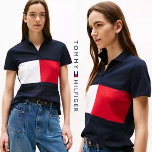 타미힐피거 XW04968-DW5 여자 Bold Flag 오픈 플래킷 스트레치 반팔 폴로 셔츠