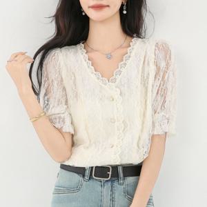 [블랙퀸] 블란서 레이스 메쉬 반팔블라우스 blk003544
