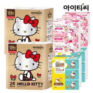 [핑크패키지]헬로키티 골드라벨4겹 화장지24롤2팩+팝업티슈6팩+키친타올6팩